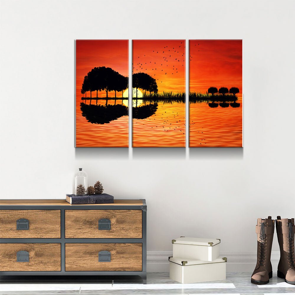 Guitar tree lake sunset three-piece canvas wall art set glowing over a still lake at dusk