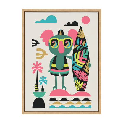 Mid century modern surf koala framed canvas wall art in retro color, ready to hang