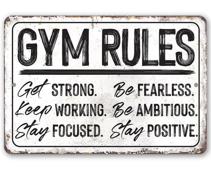 Gym Rules motivational metal sign on aluminum for a home gym, easy to hang