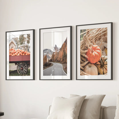 Autumn Pumpkin Wall Art Set of 3 Rustic Fall Prints