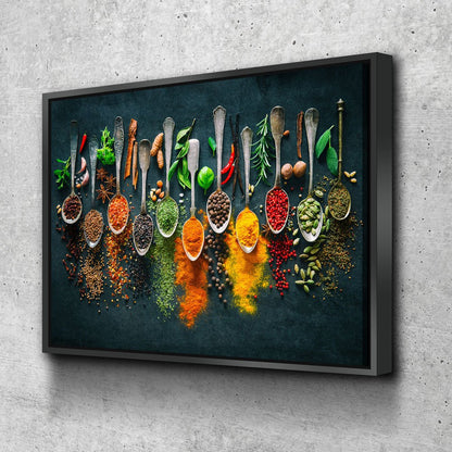 Herbs, Spices and Spoons canvas wall art hanging in a kitchen