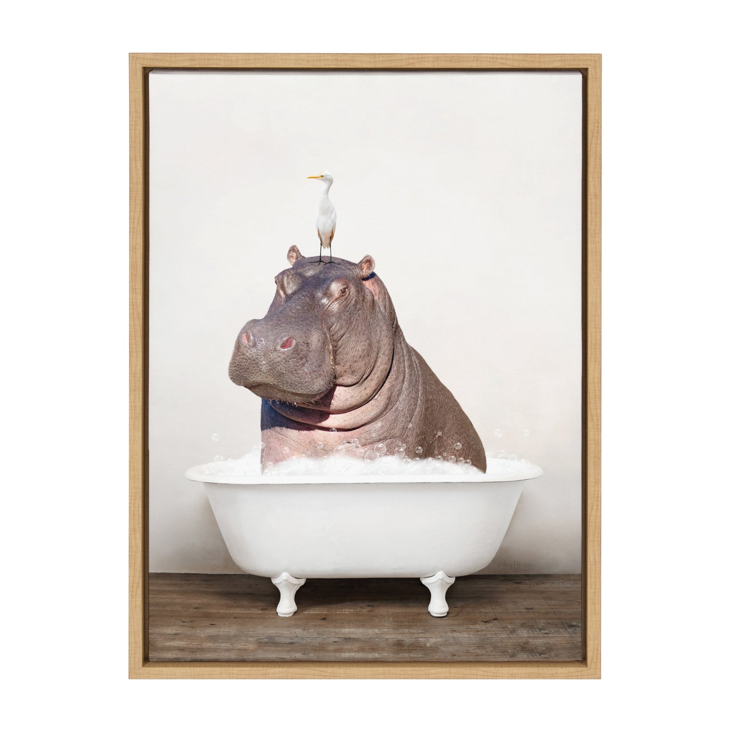 Hippo and Bird in Rustic Bath Framed Canvas Art