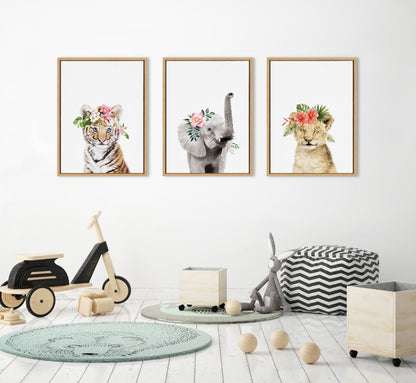 Flower Crown Elephant Framed Canvas Wall Art