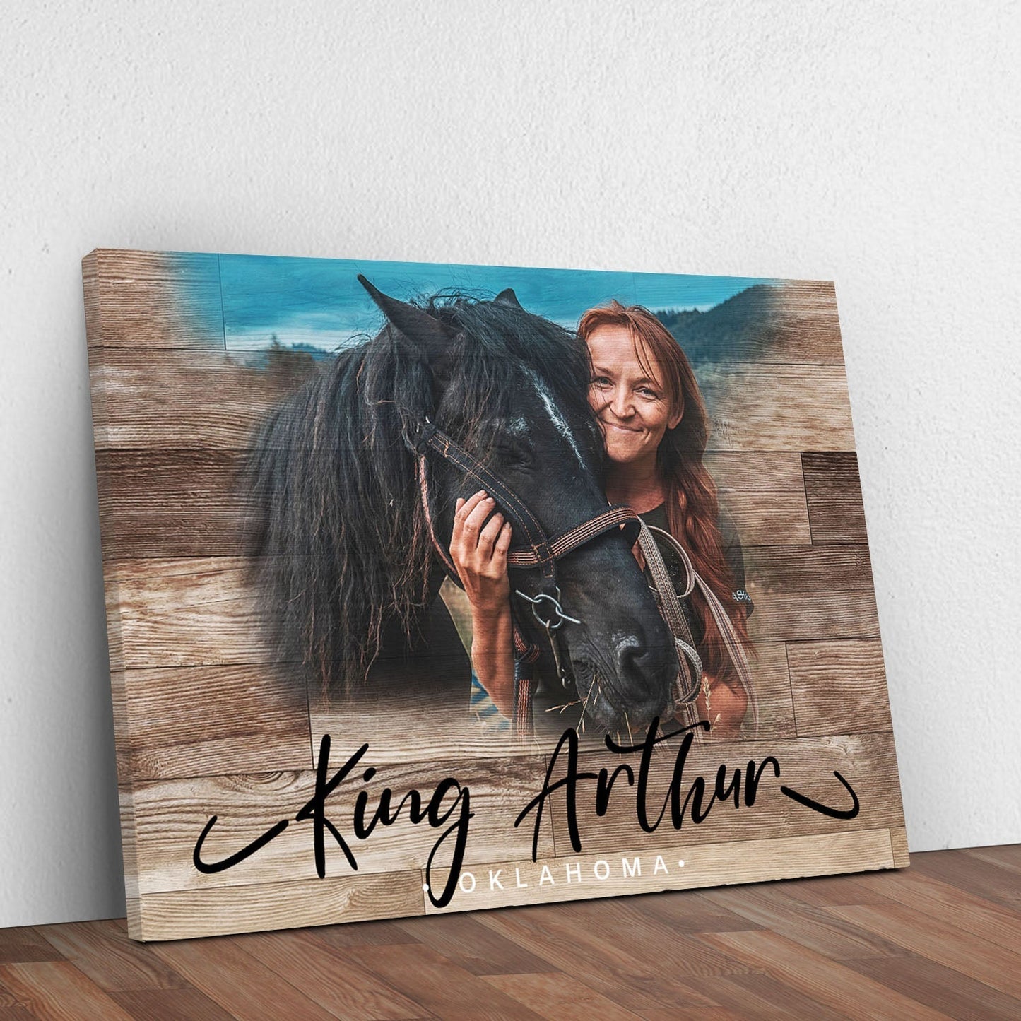 Wooden animal portrait canvas wall art with vintage rustic dog cat or horse subject
