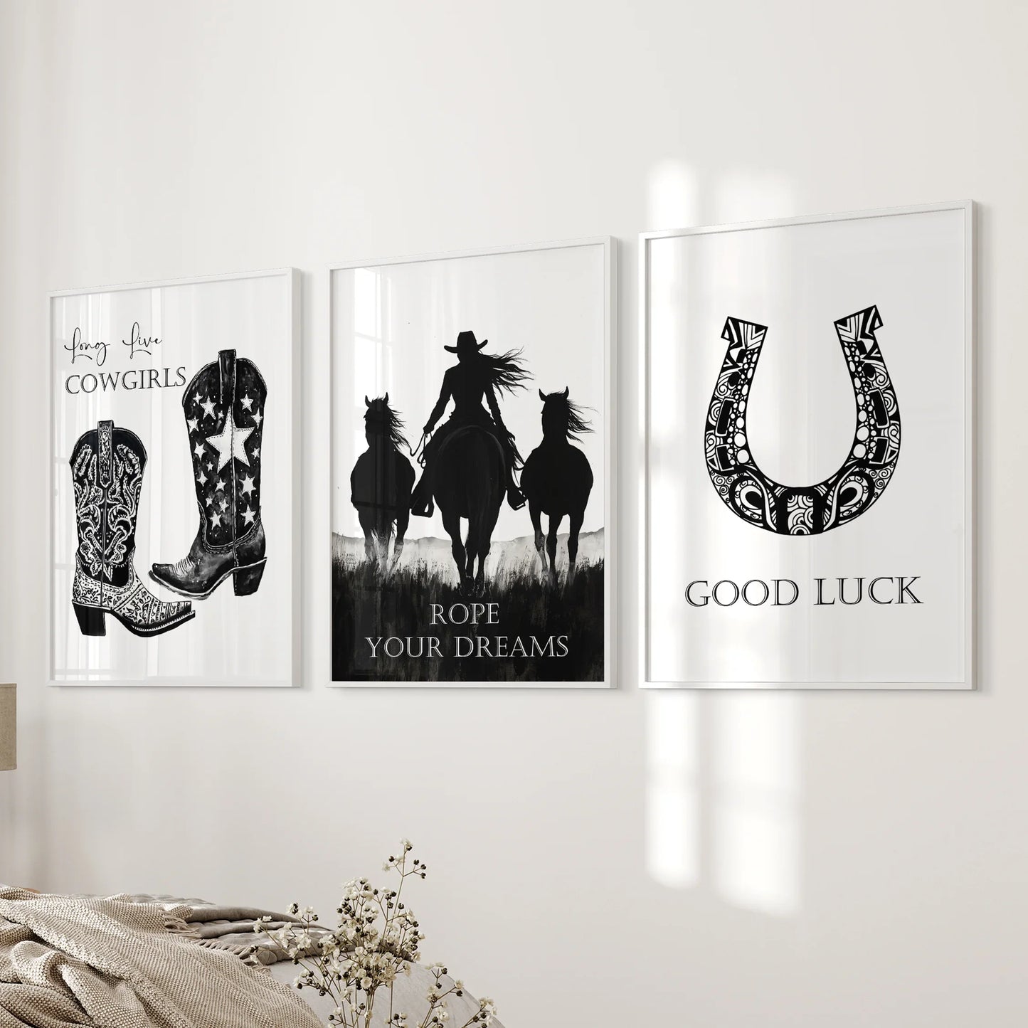 Western Cowgirl Wall Art Set of 3 Black and White Prints