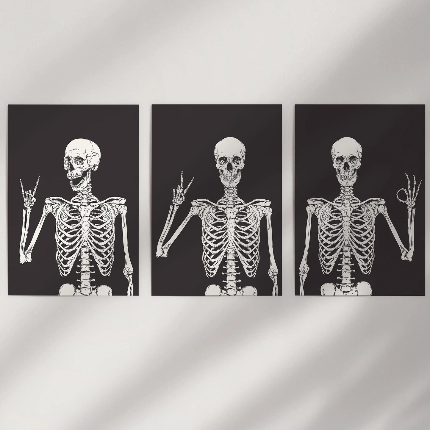 Skeleton Wall Art Set of 3 Black Gothic Prints