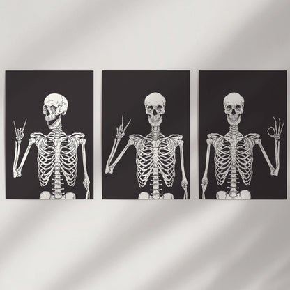 Skeleton Wall Art Set of 3 Black Gothic Prints