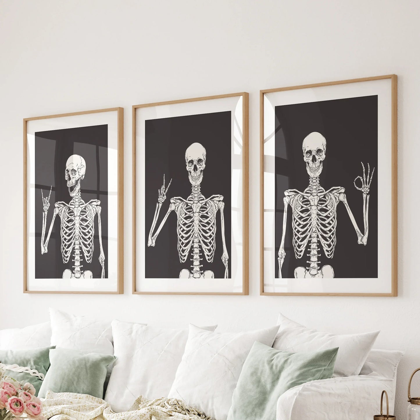 Skeleton Wall Art Set of 3 Black Gothic Prints