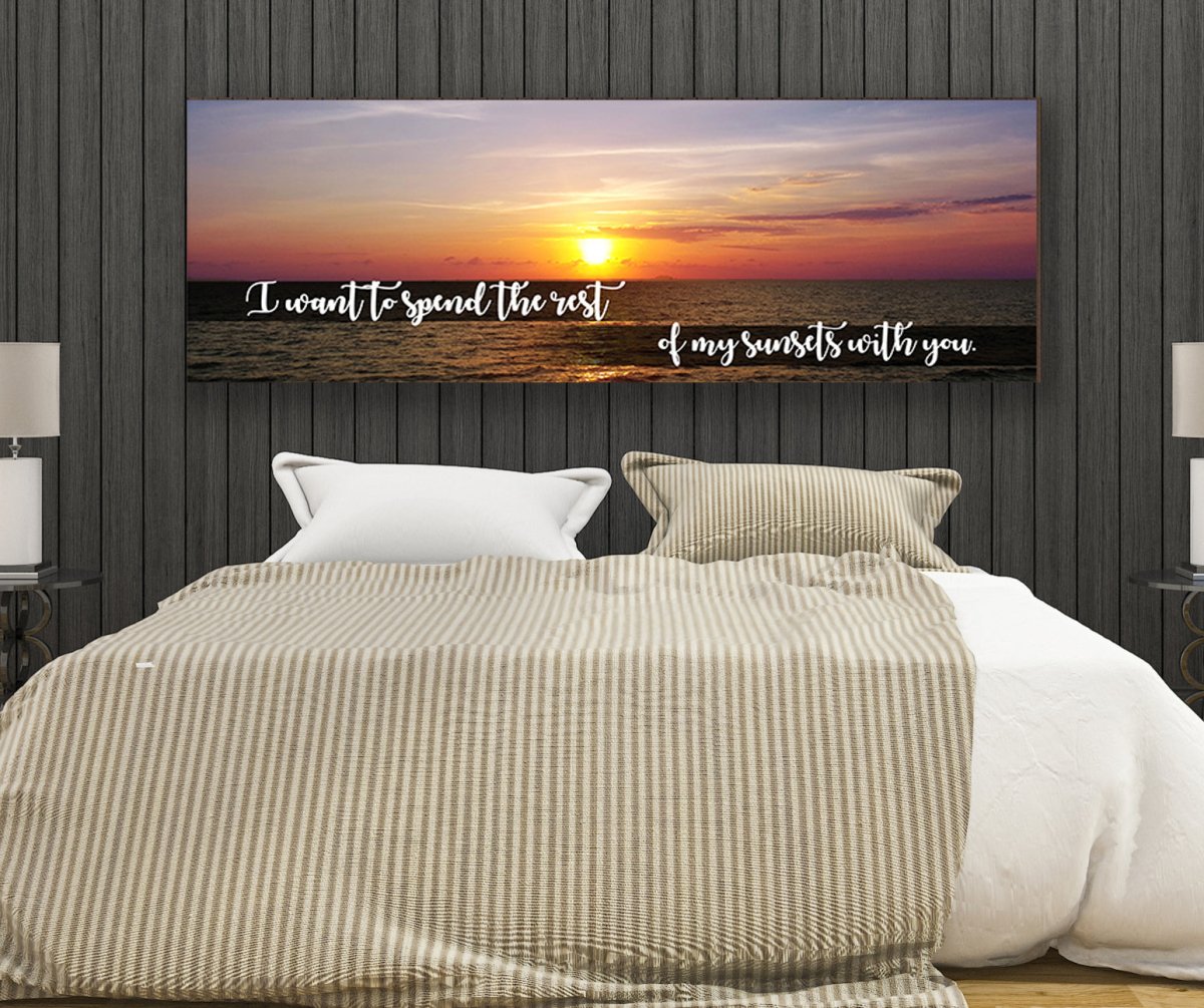 Spend my sunsets with you romantic canvas wall art above bed