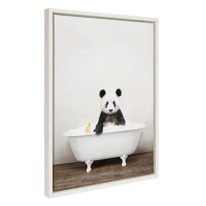 Panda Waving in Rustic Bath Framed Canvas Wall Art