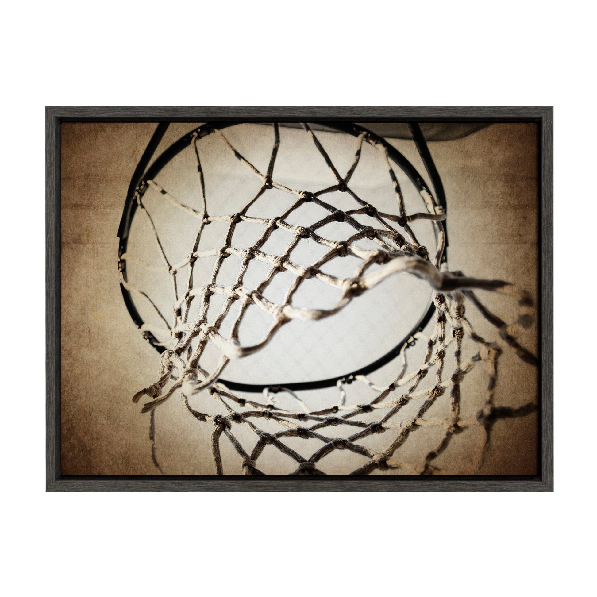 Vintage basketball net framed canvas wall art in gray frame, easy to hang