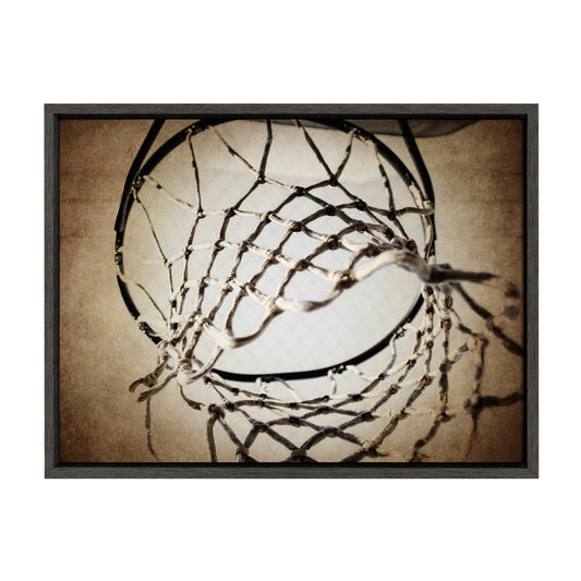 Vintage basketball net framed canvas wall art in gray frame, easy to hang
