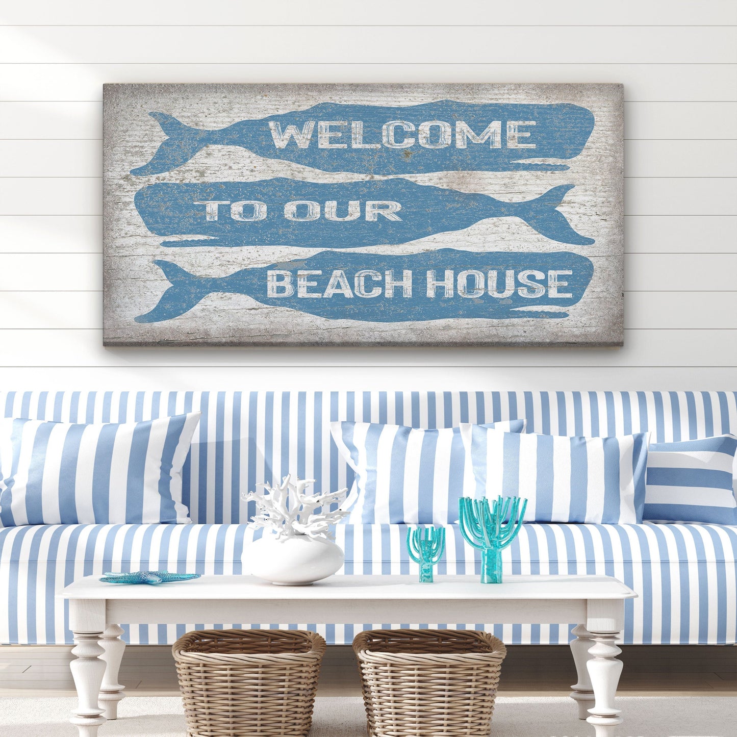 Personalized whale welcome sign coastal canvas wall art