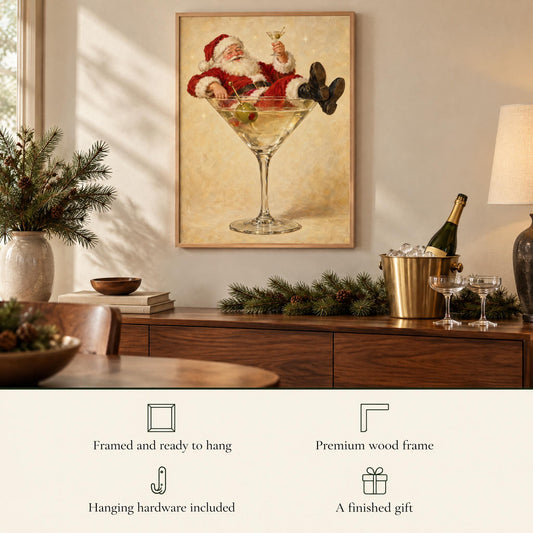 Framed Santa martini print above a sideboard: framed and ready to hang, wood frame, hardware included, a finished gift