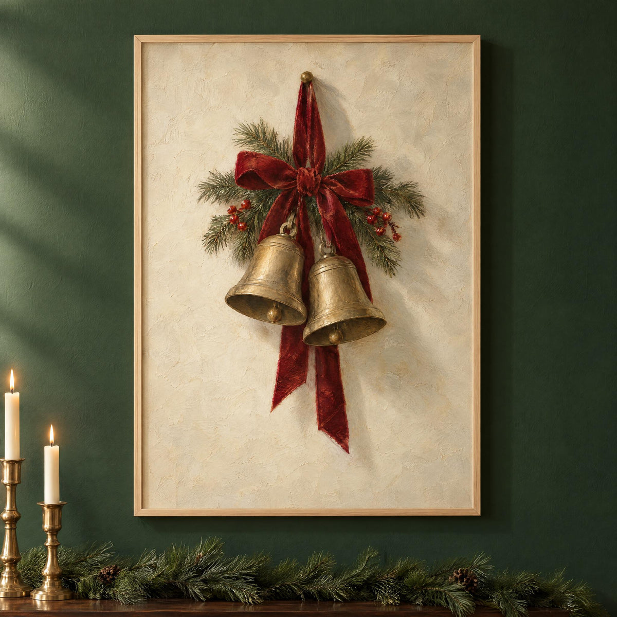 Vintage brass Christmas bells with a red velvet bow, framed in natural pine on a deep green wall above pine garland