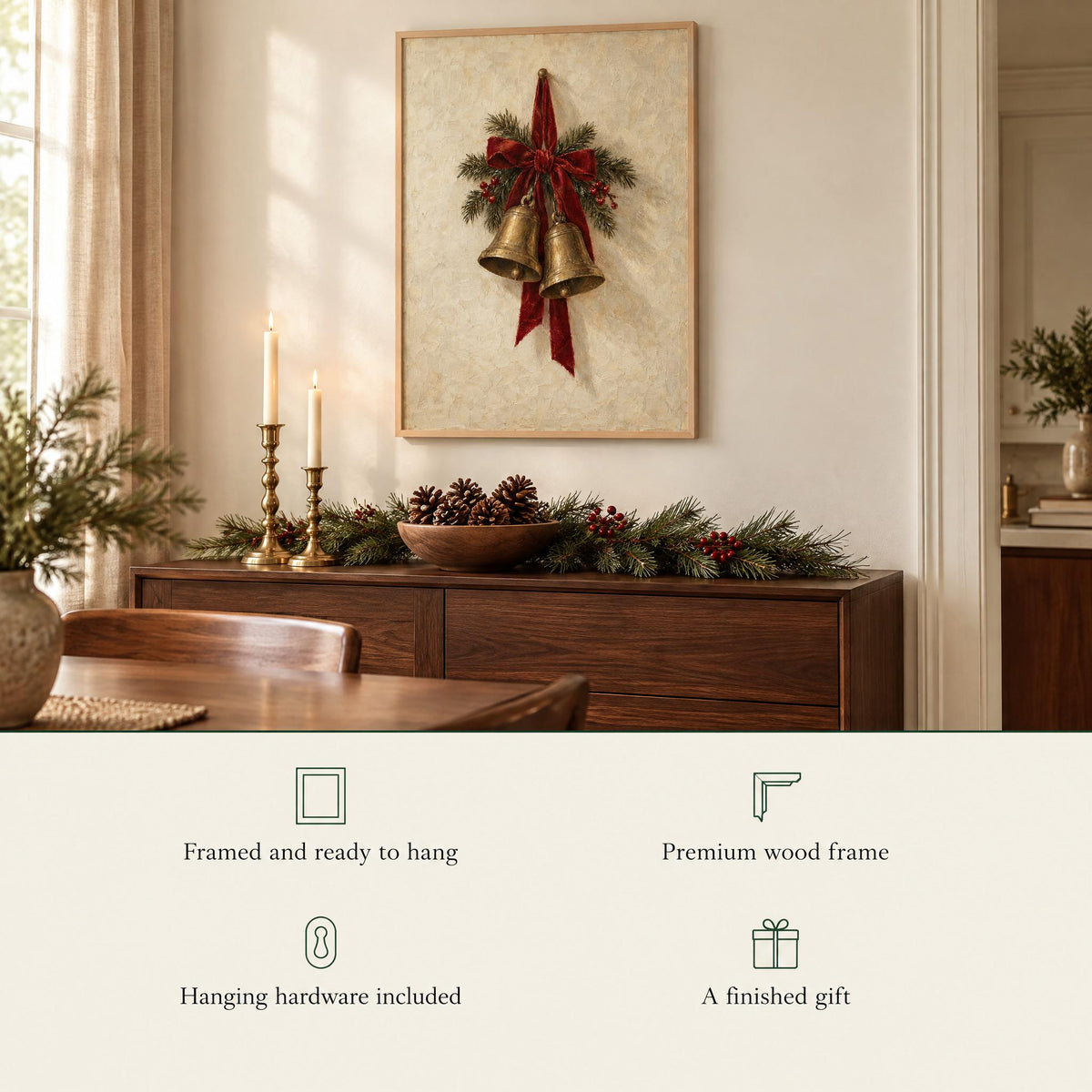 Framed Christmas bells print above a sideboard: framed and ready to hang, wood frame, hardware included, a finished gift