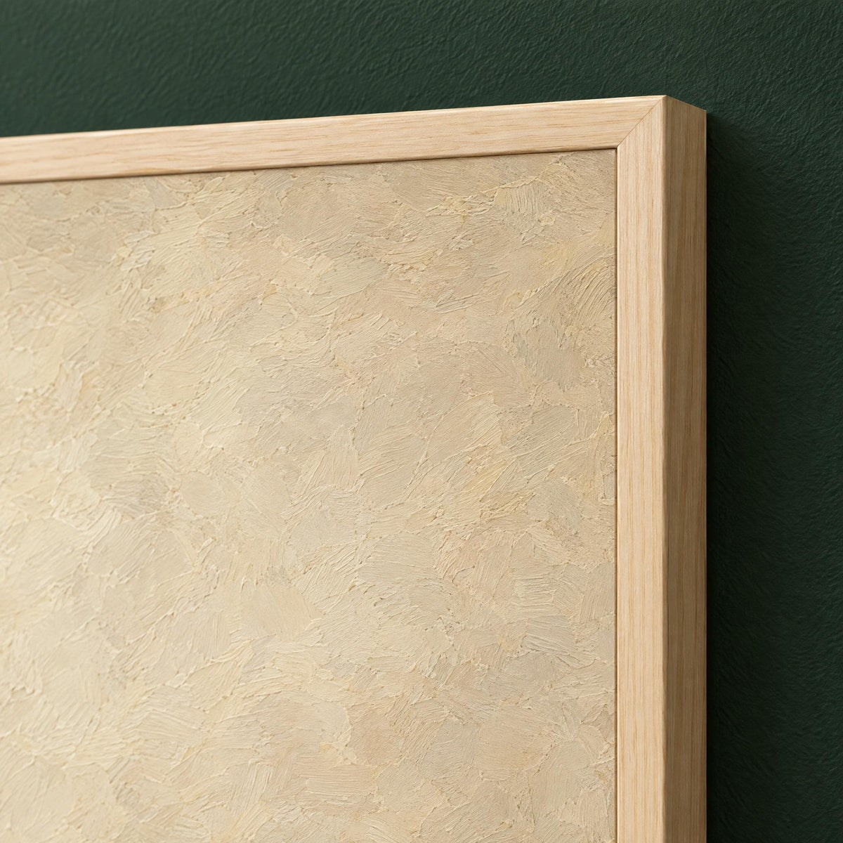 Close-up of the solid pine frame corner and the soft painterly cream texture of the Christmas bells print