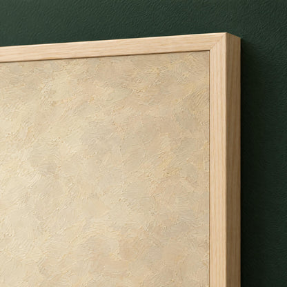 Close-up of the solid pine frame corner and the soft painterly cream texture of the Christmas bells print
