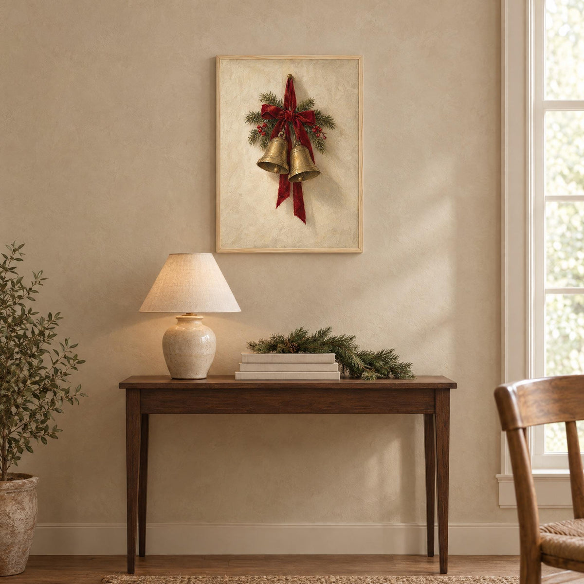 Christmas bells print in a natural wood frame hanging above an entry console with a lamp and pine garland