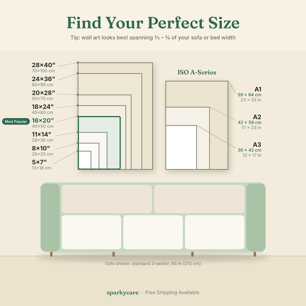 Size guide showing every print size against a three-seat sofa, with the most popular size highlighted