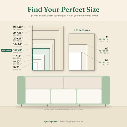 Size guide showing every print size against a three-seat sofa, with the most popular size highlighted