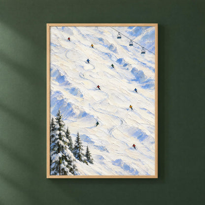 Ski wall art in a natural wood frame on a deep green wall, a snowy slope painting with tiny skiers and a chairlift
