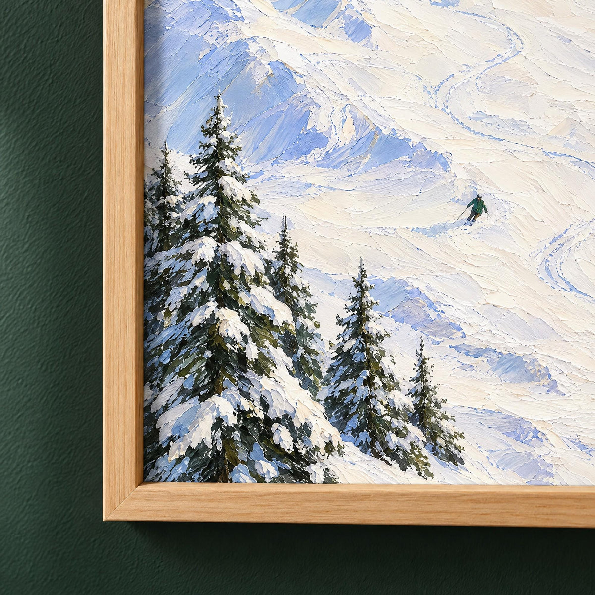 Close-up of the natural pine frame corner and the printed snowy fir trees of the ski slope art print