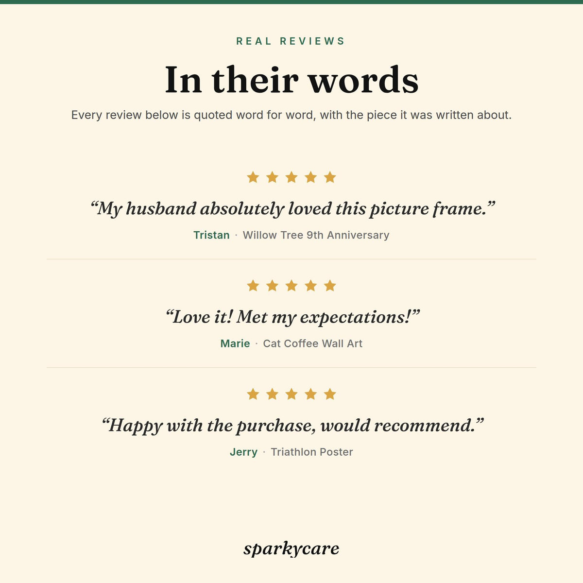 Real five-star Sparkycare reviews, quoted word for word: Tristan, Marie and Jerry on their pieces.