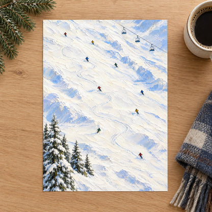Unframed ski slope art print lying flat on an oak table, the paper print option without a frame