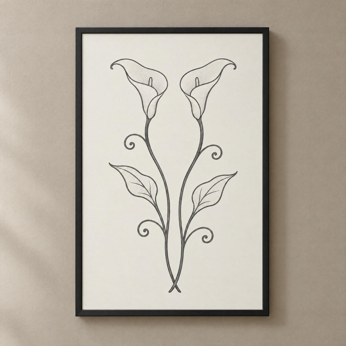 Calla lily wall art in a black frame on a warm wall, two lilies drawn like wrought ironwork, an iron anniversary gift