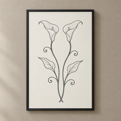Calla lily wall art in a black frame on a warm wall, two lilies drawn like wrought ironwork, an iron anniversary gift