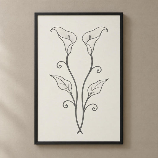 Calla lily wall art in a black frame on a warm wall, two lilies drawn like wrought ironwork, an iron anniversary gift