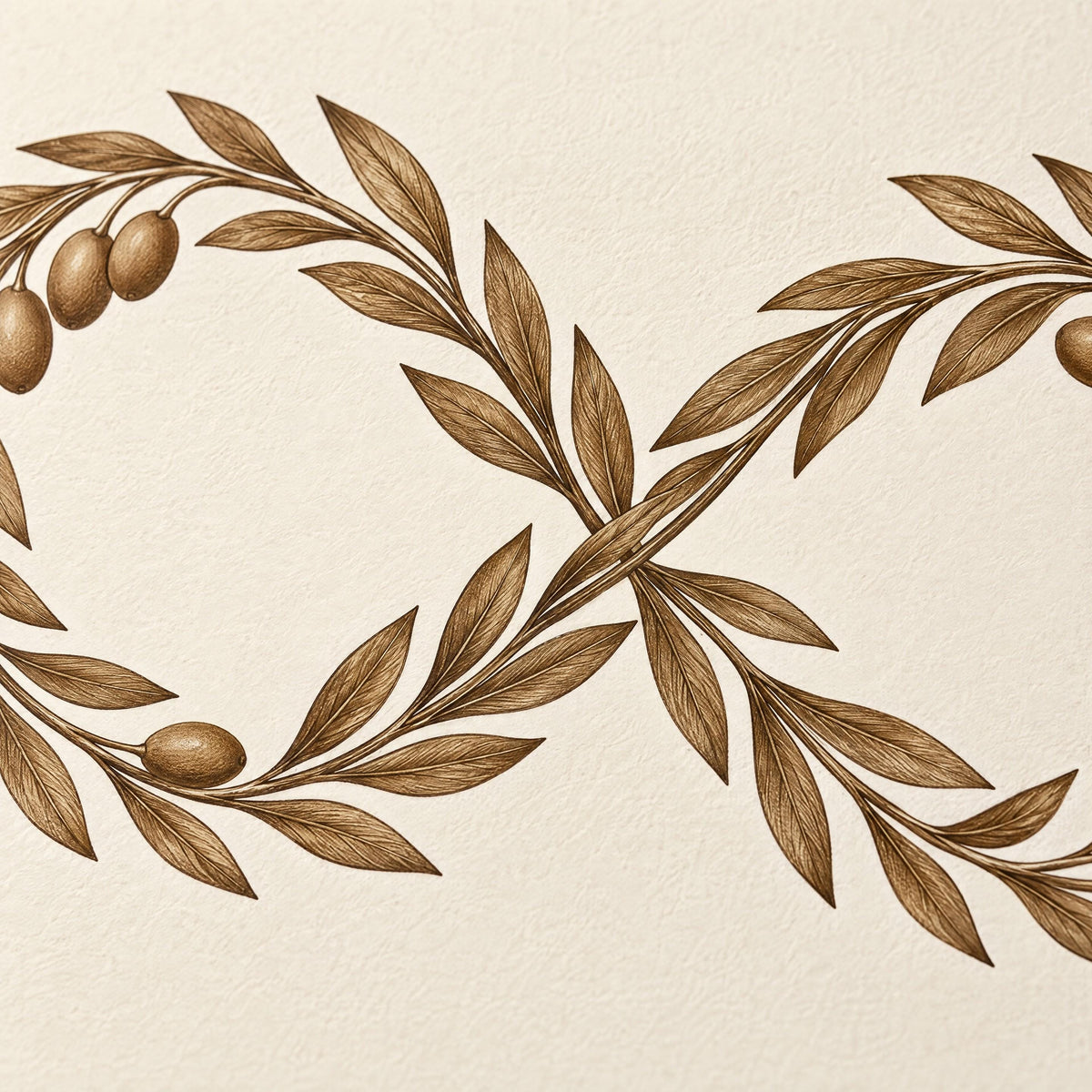 Close-up of the bronze olive branches crossing at the center of the loop, printed on soft ivory matte paper