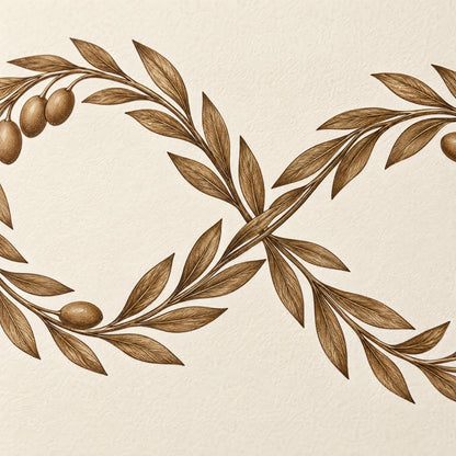 Close-up of the bronze olive branches crossing at the center of the loop, printed on soft ivory matte paper