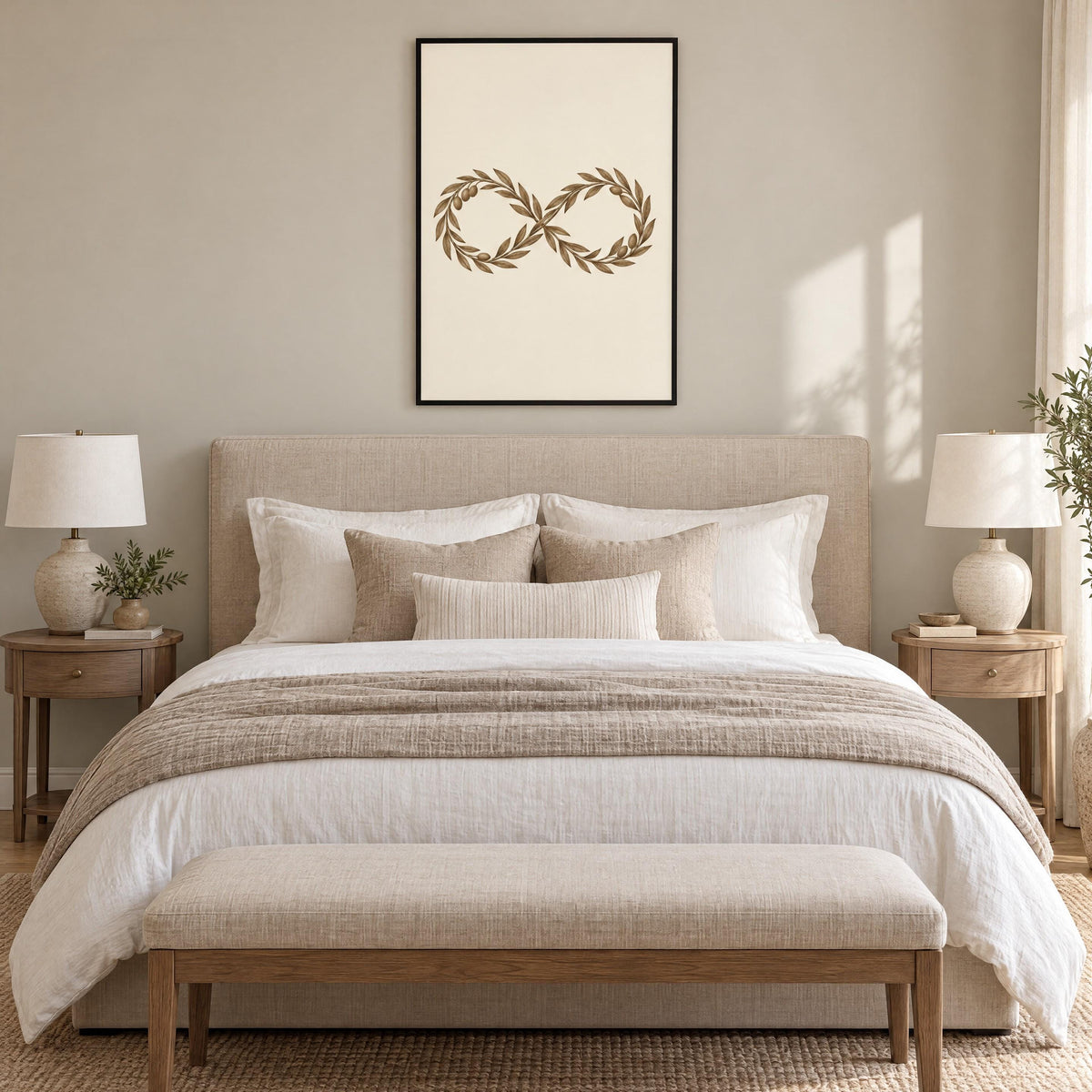 Black framed olive branch infinity wall art above a queen bed in a calm neutral bedroom, shown to scale