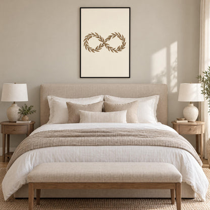 Black framed olive branch infinity wall art above a queen bed in a calm neutral bedroom, shown to scale