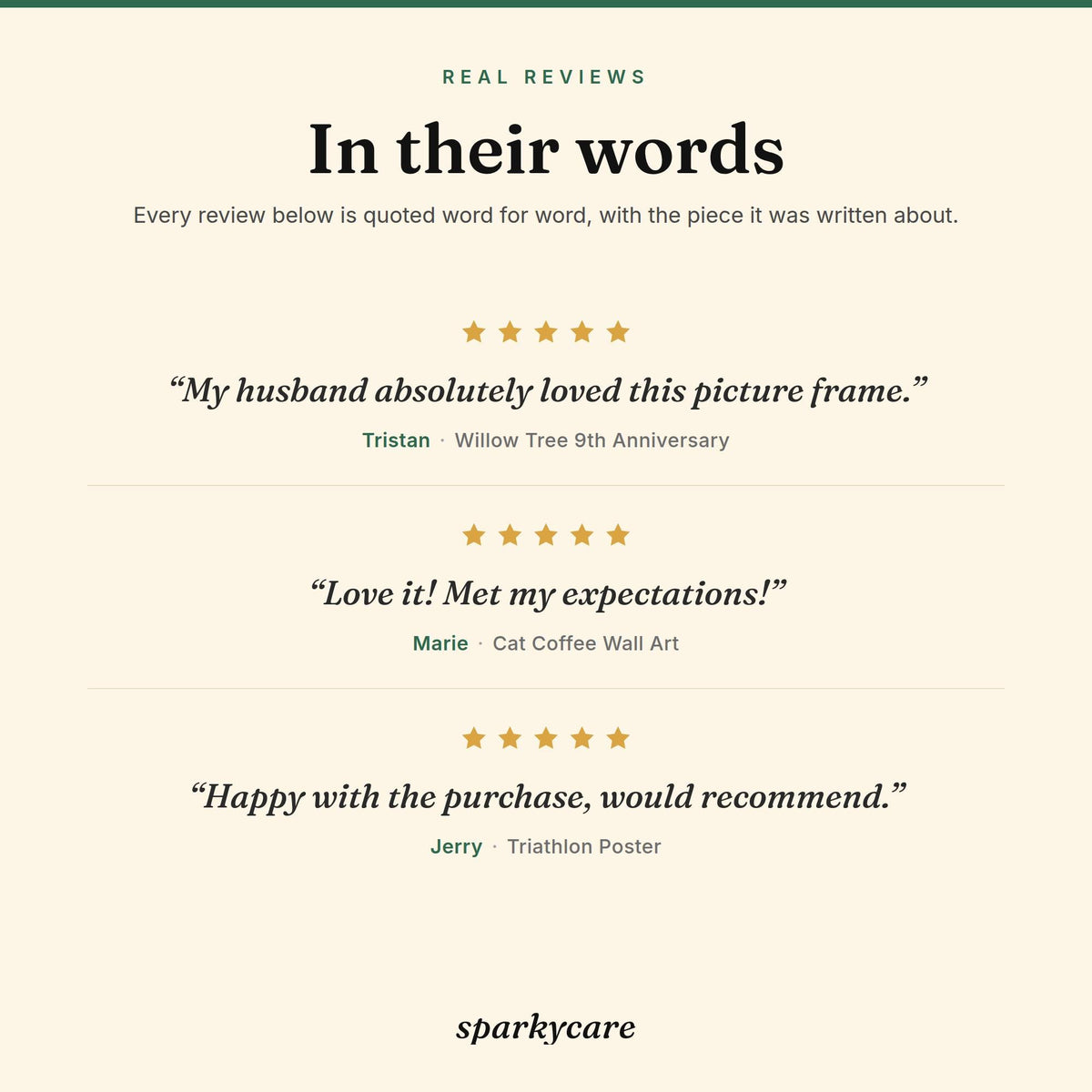 Real five-star Sparkycare reviews, quoted word for word: Tristan, Marie and Jerry on their pieces.