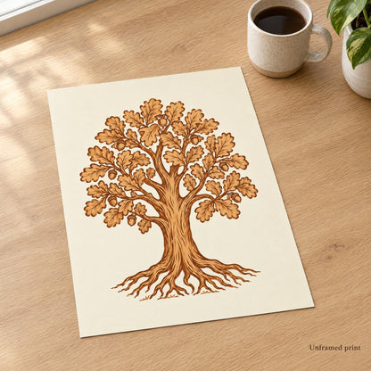 Unframed oak tree art print in leather tones lying flat on an oak desk, shown without a frame