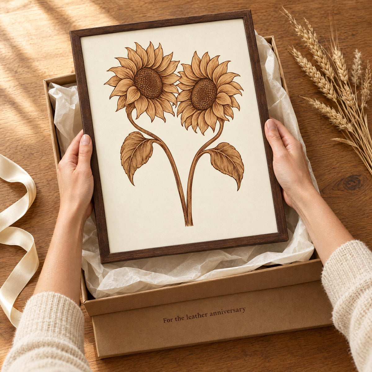 Hands lifting the framed sunflower print from tissue in a gift box marked For the leather anniversary