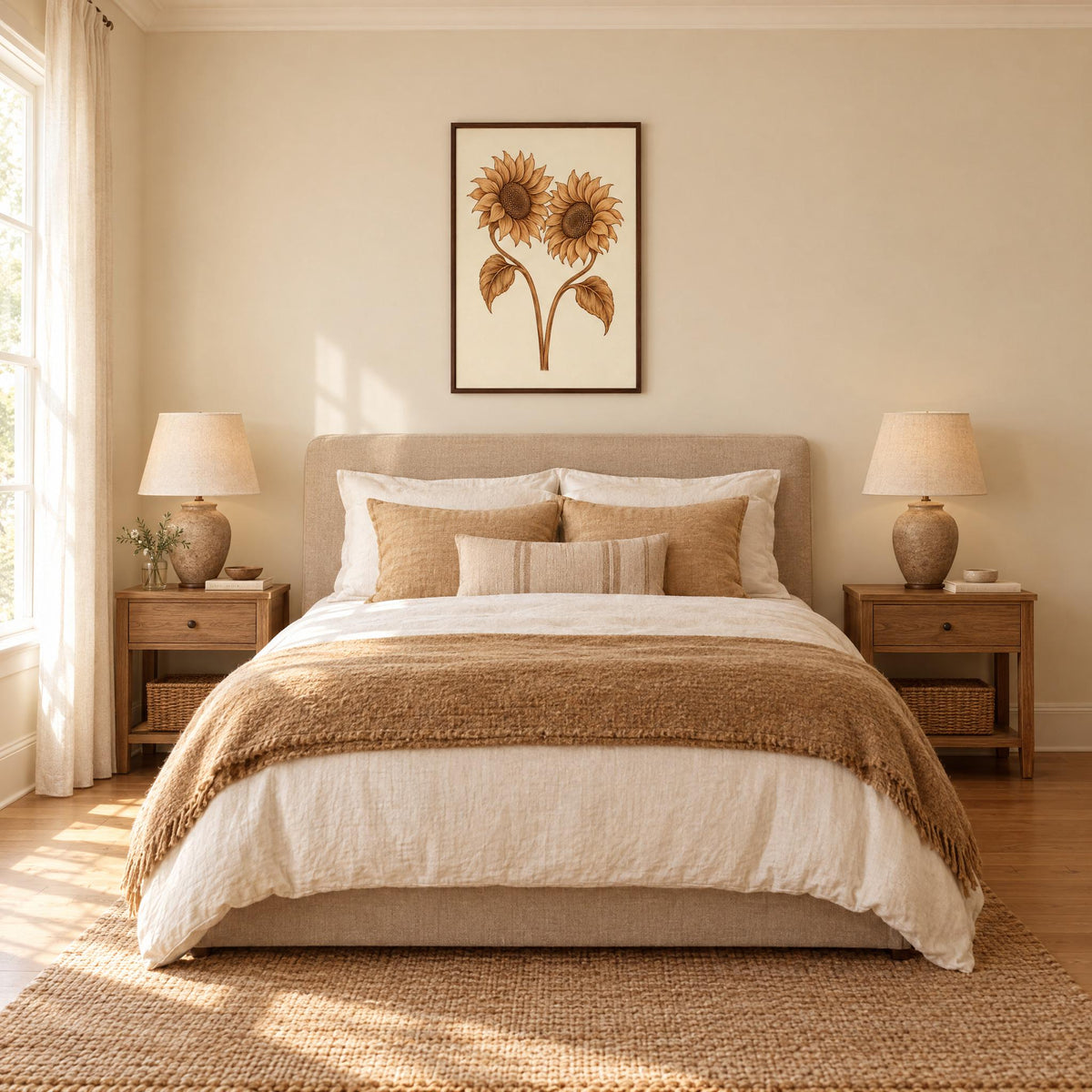 Dark wood framed sunflower print at 18x24 inches above a queen bed in a warm cream bedroom, shown to scale