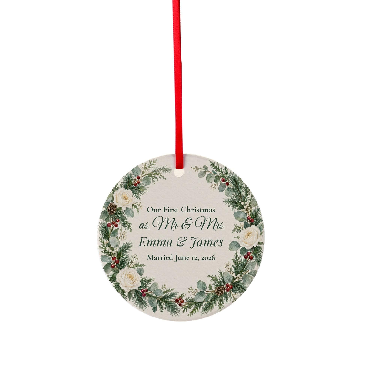 Ceramic ornament preview of the First Christmas Married Ornament on a plain background