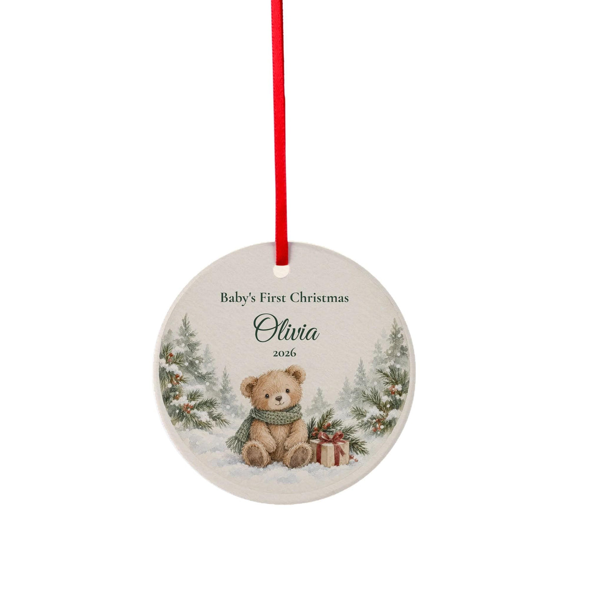 Ceramic ornament preview of the Baby's First Christmas Ornament on a plain background