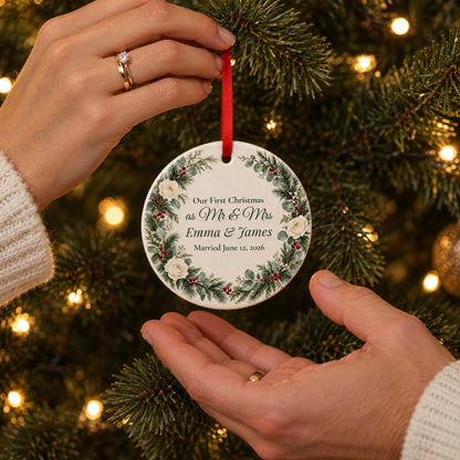 First Christmas married ornament with names, hung on the tree by a newlywed couple's hands
