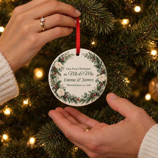 First Christmas married ornament with names, hung on the tree by a newlywed couple's hands