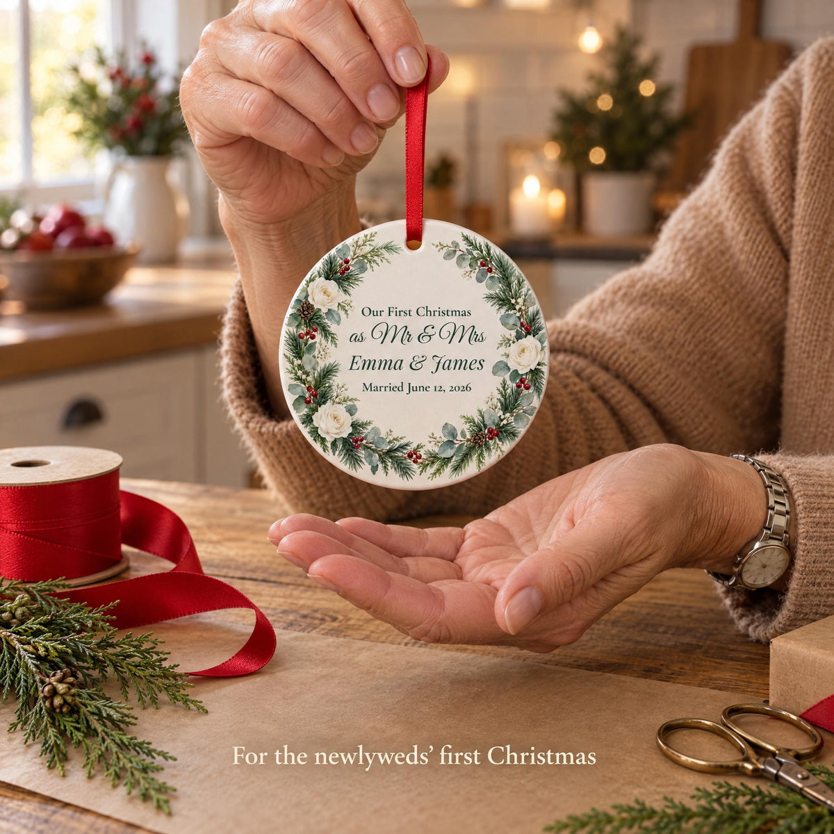 A mother's hands holding a first Christmas married ornament over kraft paper, a gift for the newlyweds