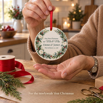 A mother's hands holding a first Christmas married ornament over kraft paper, a gift for the newlyweds