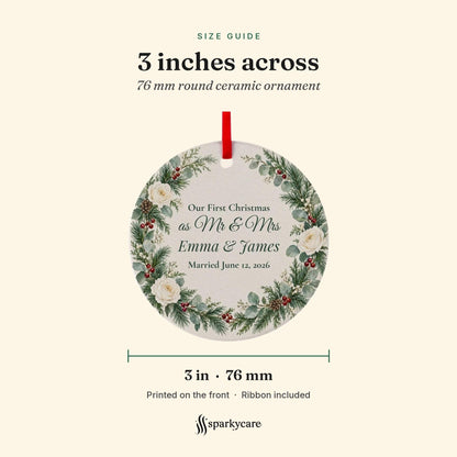 Size guide: the round ceramic ornament is 3 inches, 76 mm, across, printed on the front, ribbon included