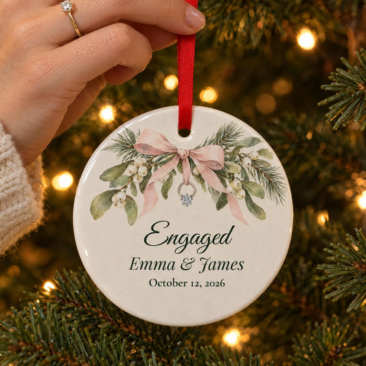 Engagement ornament with names and date, hung on the Christmas tree by a hand wearing an engagement ring