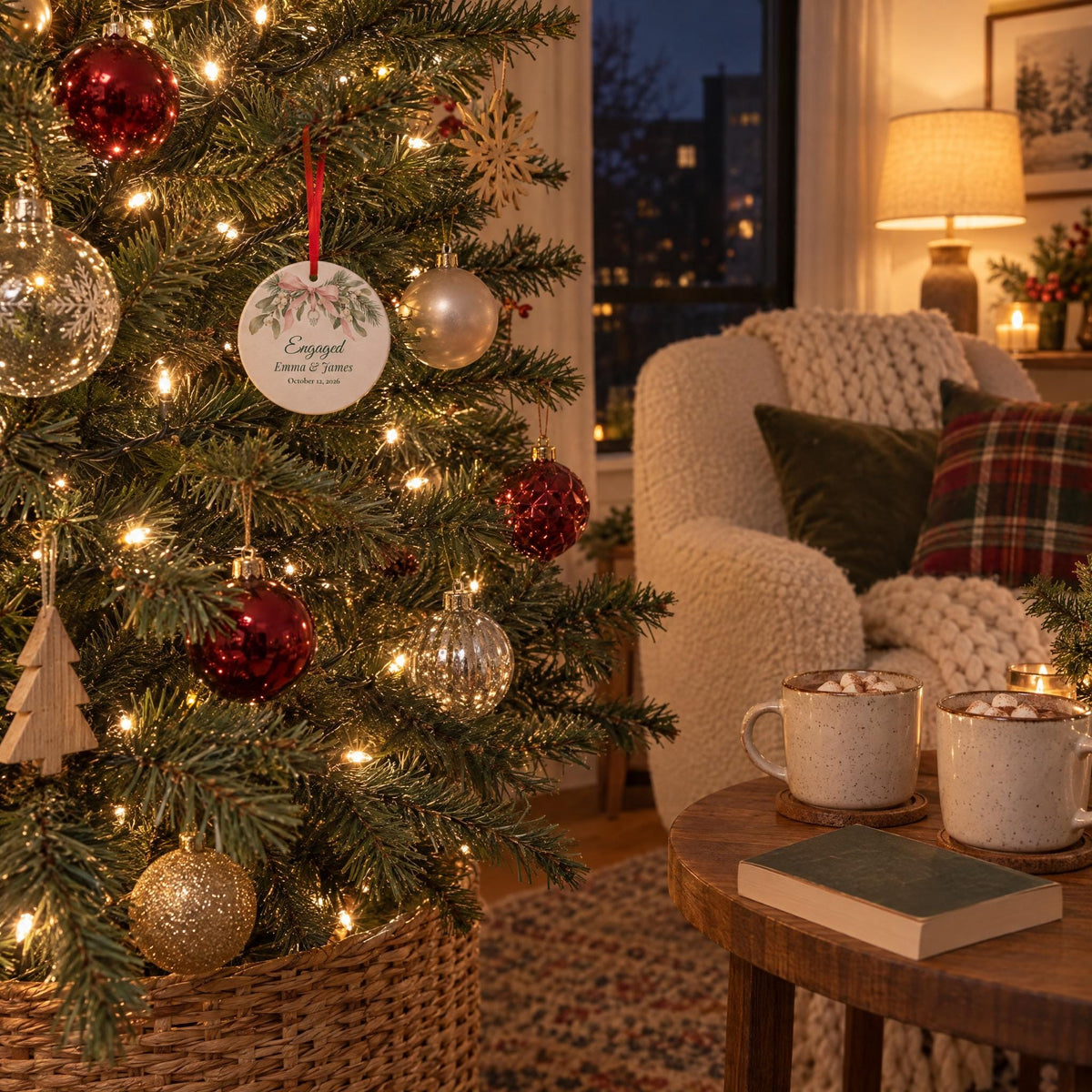 Engagement ornament hanging on a small lit Christmas tree in a cozy apartment living room