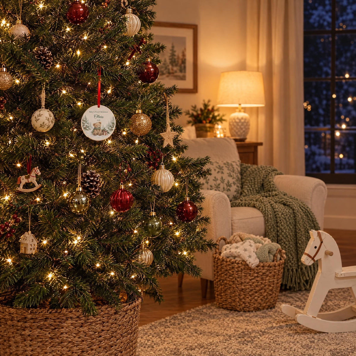 Baby's first Christmas ornament hanging on a lit Christmas tree in a cozy family living room